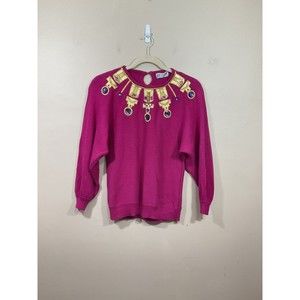VTG P Galli Womens Embellished Sweater M Pink Beaded Rhinestones 90s Glam Retro